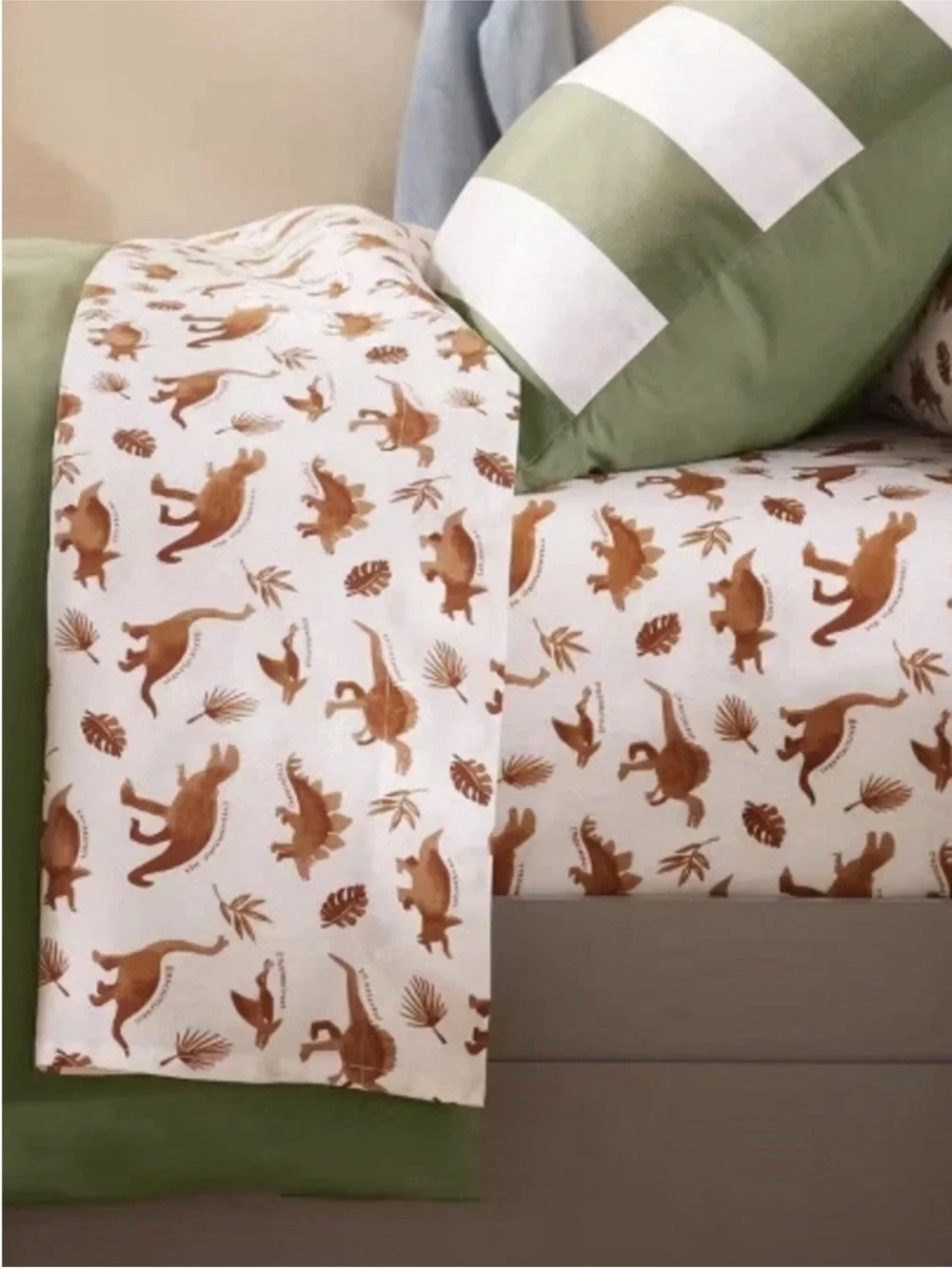 NEW Pillowfort QUEEN Dinosaur Cotton 4pc Sheet Set Watercolor Brown